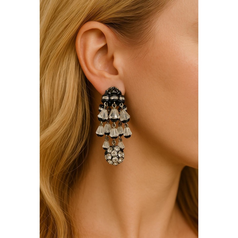 Vintage Rhinestone Chandelier Clip-On Earrings Dangles 50s Glam Costume Jewelry - Picture 3 of 3